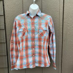 Panhandle rough stock orange and blue Plaid pearl snap western women’s shirt S